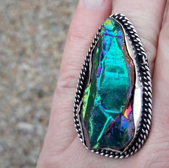 New Rainbow Titanium Crystal Quartz 925 Silver Statement Ring. - Picture 5 of 8